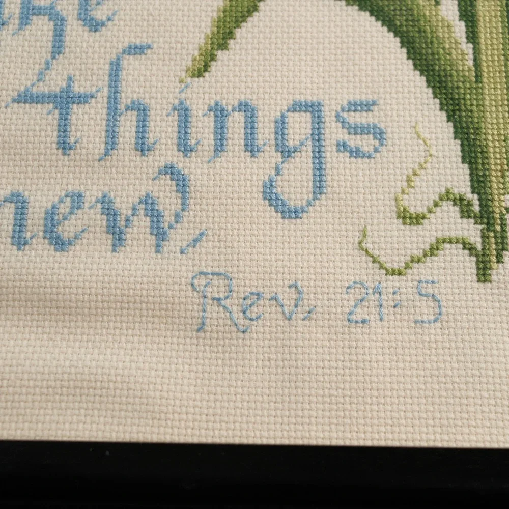 Vintage 1998 Framed Butterfly Cross Stitch Revelation 21:5 Scripture Wall Art